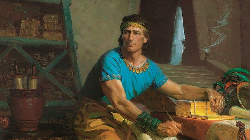Mórmon, o autor principal do Livro de Mórmon, transcreve as placas de ouro em uma caverna